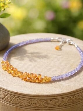 Natural Mandarin Garnet, Tanzanite Bracelet Solid 14k White Gold 7"-7.5"